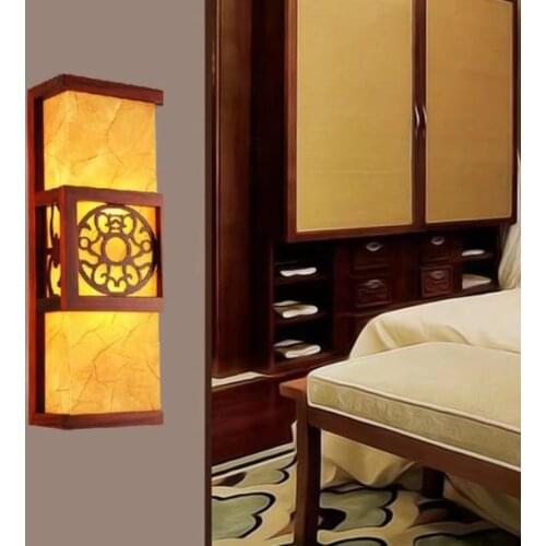 Chinese wall lamp solid wood antique wall lamp creative restaurant imitation sheepskin lamp LED bedroom bedside lamp