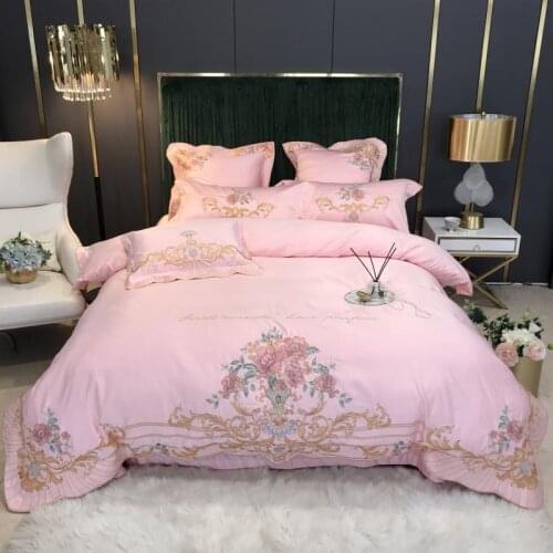 Pink Cotton Satin Flower Embroidery Princess Bedding Set Double Duvet Cover Bedspread Fitted Sheet Pillowcases Home Textile