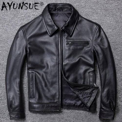AYUNSUE Mens Leather Jacket Real Cowhide Sheepskin Coat Genuine Leather Jackets for Men Motorcycle Jacket 2020 19-A005 KJ4272