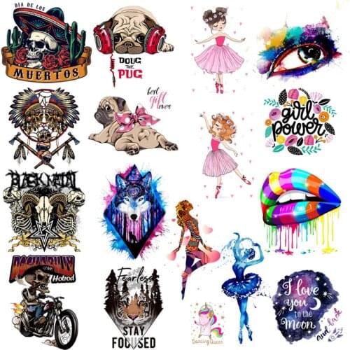 Newest Fashion Dance girl Patches Iron on transfers For Clothes Punk Hippie Skull Patch Heat Transfer Vinyl Sticker Applique DIY