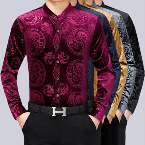 Autumn Male Mandarin Collar Velvet Shirt Fashion Pattern Men Long Sleeve Gold Velvet Dress Shirt