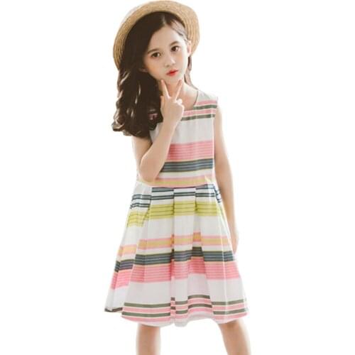 Girl Dresses Rainbow Stirped Girls Party Dress Kids Summer Kid Dress Casual Style Childrens Clothing 6 8 10 12 14
