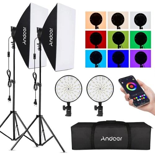 Andoer Studio Photography RGB Softbox Lighting Kit APP Control w/ Softbox Light Stand for Live Stream Portrait Product Shooting