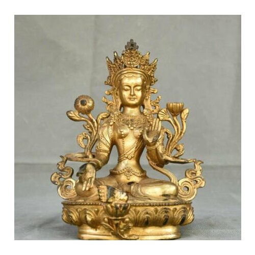 9" Old Tibet Copper Gold Buddhism Green Tara Goddess Flower Statue