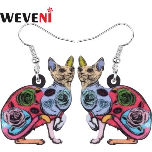 WEVENI Acrylic Canadian Hairless Cat Earrings Long Cute Animal Dangle Drop Jewelry For Women Girls Teens Fashion Birthday Gift