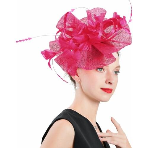 New Red Wedding Hats for Women Elegant Fascinators Flower With Feather Fedoras Hat Headband Cocktail Tea Party Dance Banquet Cap