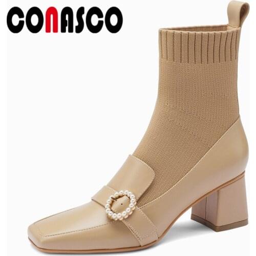 CONASCO 2021 Women Ankle Boots Autumn Winter Warm Genuine Leather Casual Prom Shoes Classic Pearl Decoration Boots Woman