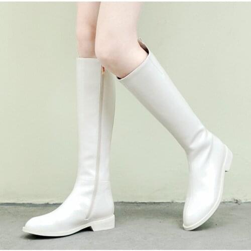 Patent Leather Knee High Boots Autumn Winter Women Shoes Comfortable Flat Heels Fashion Zipper Long Boots Black White Orange