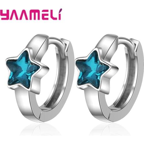 100% 925 Sterling Silver Korean Style Blue Stars Crystal Hoop Earrings Cheap Price Women Simple Fashion Jewelry Wholesale