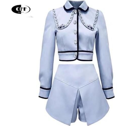 Celebrity Autumn French Elegant OL Suit Womens Diamond Long Sleeve Short Jacket Tops And High Waist Shorts Two Piece Set Outfit