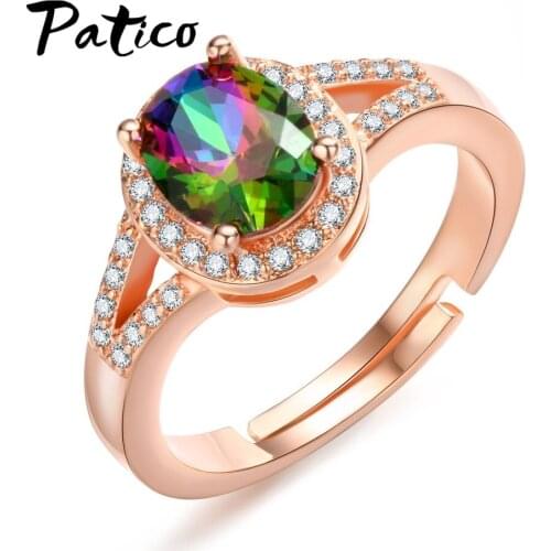 Attractive New Oval Shape Rainbow Color Stone CZ Crystal Rings For Girls Rose Gold 925 Sterling Silver Wedding Rings