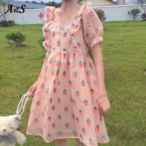 Anbenser Small Floral Dress Women Square Collar Puff Sleeve Mini Dresses Female Vintage Sweet Mesh Short Dress For Party Vestido