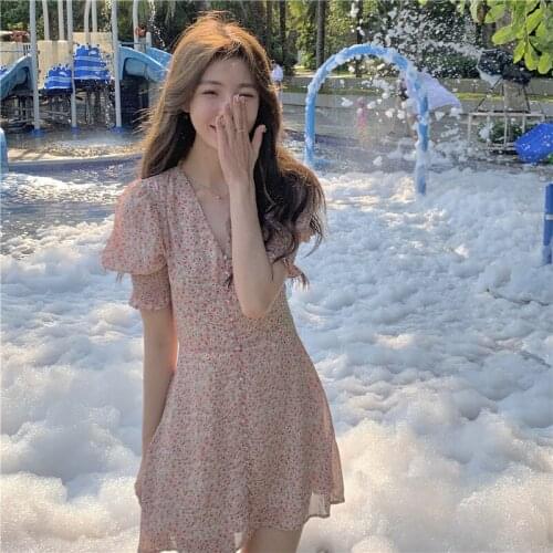 2021 Elegant Floral Dress Women Sweet Vintage Korean Temperament Cuaual Sexy Mini Dress Chiffon V-neck Party Beach Summer Dress