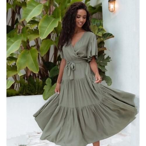 Ardm Elegant Boho Solid Ruffle Summer Dress Butterfly Sleeve High Waist Woman Dress V Neck Lace Up Pleated Ladies Party Dress