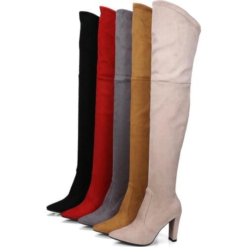 New Style Lady Elastic Thigh Boots Autumn Winter Fashion Color Matching Female Comfortable Flock Thick Heel Zipper Womens Shoes
