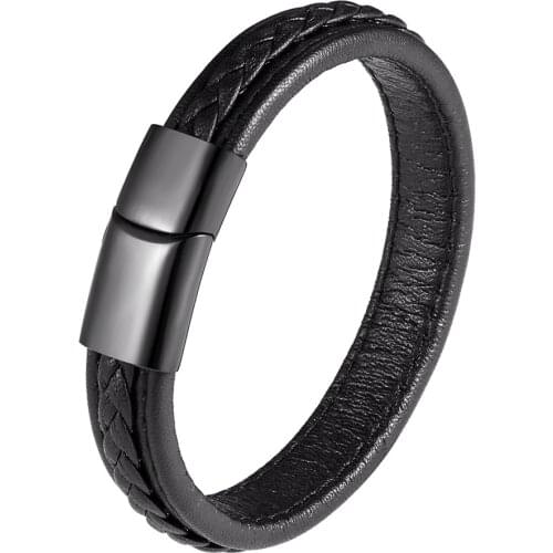 Wholesale Price 100% Genuine Leather Bracelet Mens Black Stainless Steel Bracelet And Bracelet Ladies Jewelry Christmas Present
