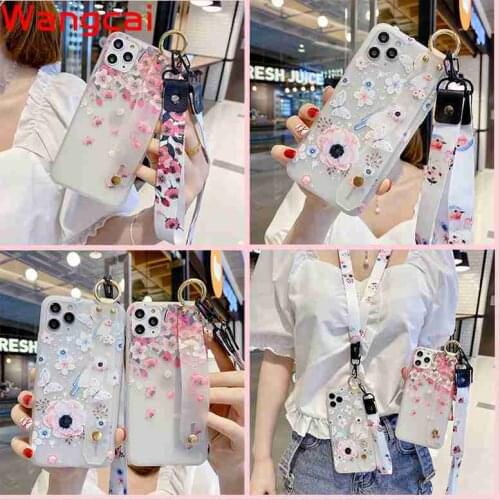 For Samsung Galaxy A90 A80 A70 A60 M40 M30 M40s M20 Phone Case Flower Peach Blossom Butterfly Lanyard Holder Stand TPU Cover