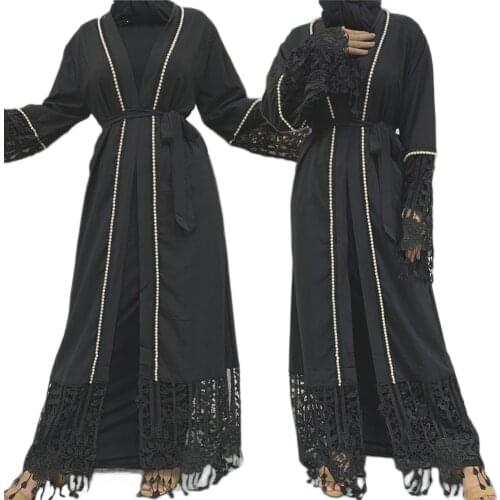 Black Abaya Dubai Open Kimono Jilbab Muslim Women Hijab Dress Lace Kaftan Turkish Caftan Ramadan Islamic Clothing Eid Robe Gown