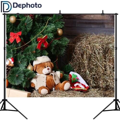 Dephoto Photography Background Christmas tree Computer Printed Customizd Photo Bear toy Haystack Backdrop for Photo Studio