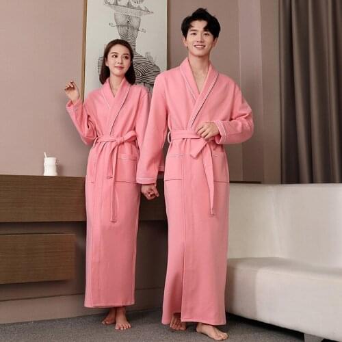 Women Men Long Warm Cotton Bathrobe Winter Thick Couple Bath Robe Kimono Dressing Gown