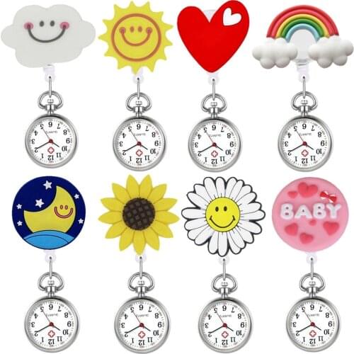 Simple Pretty Sunflower Moon Heart Cloud Rainbow Badge Reel Pocket Watches Retractable scalable Hang Brooch Clock Watch Gifts