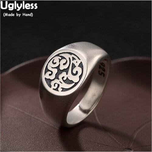 Uglyless S 925 Sterling Silver Women Handmade Engraved Totem Patterns Open Finger Ring Neutral Design Retro Ethnic Rings Bijoux