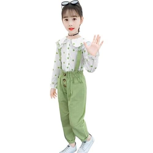 Girls Clothing Set Lace Top + Girls Jumpsuit Dot Pattern Childrens Clothing Girls Casual Style Childrens School Clothing