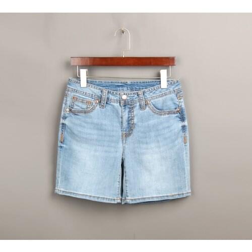 Summer women fashion straight style water wash mid waist denim fabric jean casual shorts