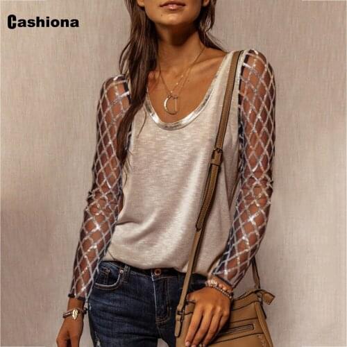 Cashiona 2021 Summer New Patchwork Womens Top Casual Loose T-shirt Sequined Mesh Shirt Pullovers Sexy Women Clothing