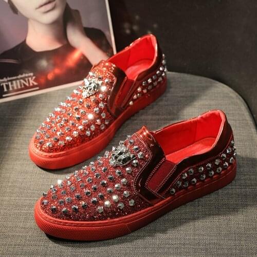 Mens Leather Casual Shoes Handmade Top Quality Sequined Rivet Men Loafers New Luxury Slip-On Wedding Dress party shoes K5-89