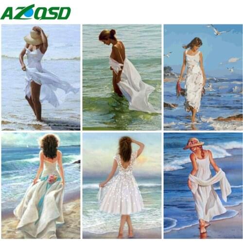 AZQSD Diy Pictures By Numbers Girl Seaside Hand Paind Kit Canvas Painting By Numbers Portrait Oil Painting For Home Handicraft