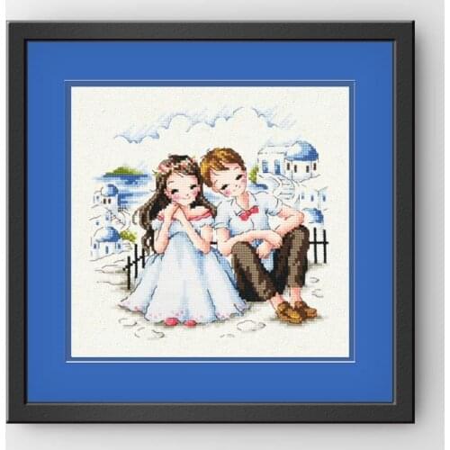 HH Lovely Counted Cross Stitch Kit Lovers in Santorini Boy and Girl Love SO