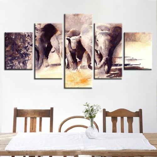 Wall Art Print Pictures 5 Pieces Watercolor Elephant Canvas Painting Abstract Animal Poster Home Decor Living Room Modular Frame