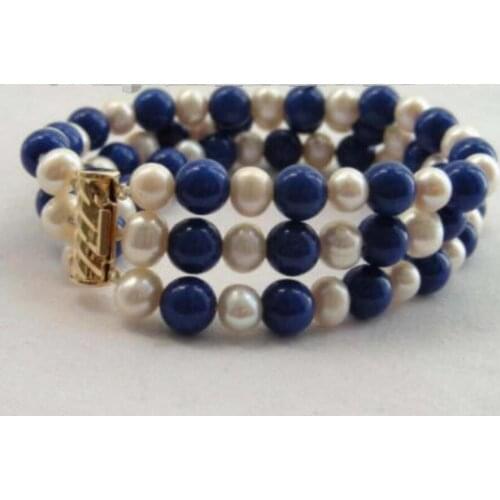New hot 3rows 8" Natural White Pearl Lapis Lazuli Bracelet 7.5