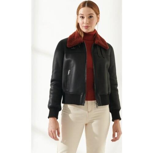 Sheep Wool Thick Genuine Leather Jacket for Women Black Fur Color Red Biker Leather Goods from Turkey Monte