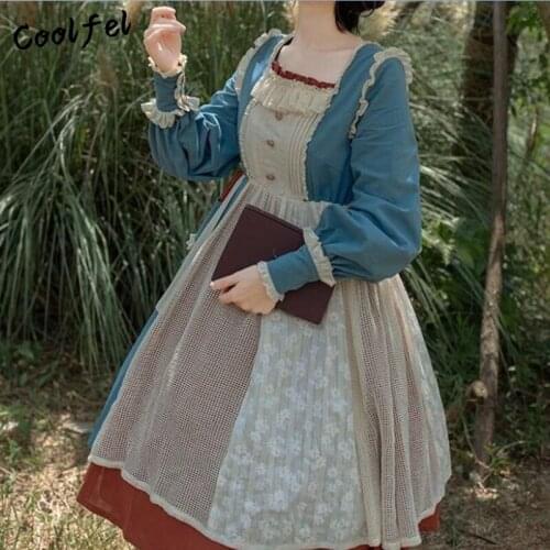 COOLFEL Japanese Sweet Style Lolita Dress Patchwork Contrast Color Layerd Ruffles Lolita Dresses Princess Tea Party Dresses
