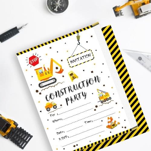 2019 Construction Birthday Theme Cards Invitations Excavator Construction Invitation Birthday Party Favor Decorations ZZ004