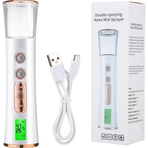 Double Spray-head Nano Mist Sprayer Face Vaporizer Mini Hydrating Humidifier Spa Facial Steamer With Skin Test LED Display