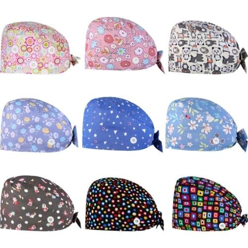 Nursing Hat Scrubs Women Cap Bandage Adjustable Sweatband Bouffant Hat Unisex Gorros Quirofano Mujer Printing Nurse Working Hat
