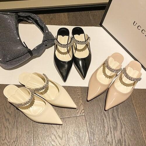 Crystal Band slippers women japanned leather pointed toe mules summer shoes woman sandals flip flops flat cover toe slides 2021