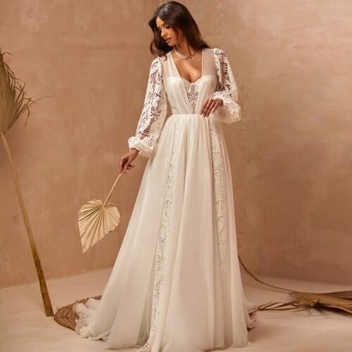 Bohemian Wedding Dresses 2021 V-Neck Long Sleeves A-Line Lace Wedding Gown White Ivory Corset Bridal Custom Dress robe de mariée