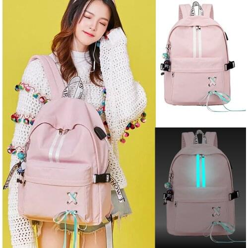 Luminous Backpack New Nylon Waterproof Anti Theft Backpack Women Pink Bookbag School Bags For Teenage girls USB Charge Mochila