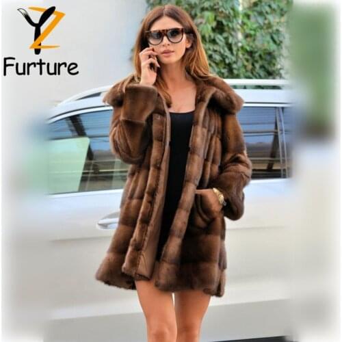 Trendy Coffee Color Mink Fur Jacket Imported Real Mink Fur Coats Women Delicate Big Hooded Warm Winter Long Mink Fur Outerwear