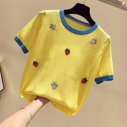 Embroidery Knitted Women T-Shirts Summer New 2021 O-Neck Short-Sleeved Slim Casual All Match Female Pulls Tops Tees