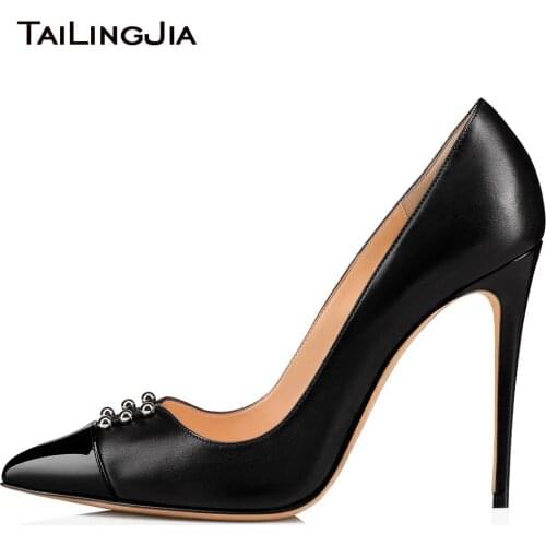 Pointed Toe High Heel Black Pumps Women Studded Heeled Evening Dress Shoes Ladies Summer Stiletto Party Heels Large Size 2018