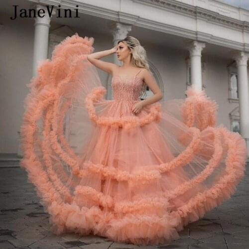 JaneVini Gorgeous Dubai Arabic A Line Prom Dress Long 2020 Sexy Spaghetti Straps Sparkling Beaded Tulle Formal Dresses Plus Size