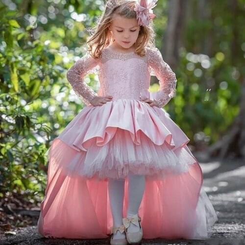 High Low Flower Girl Dress Long Sleeves Lace Kids Pageant Dress Girls First Communion Dresses with Bow Back Vestido De Daminha