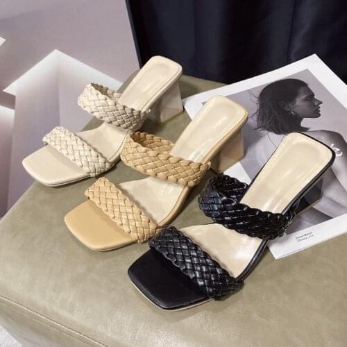 Summer 2021 new woven Roman slippers female Bohemian national style large size thick heel womens shoes trend