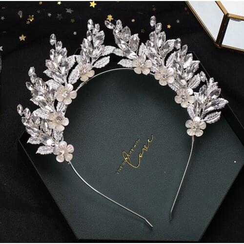 Luxury Leaves Flower Hairbands for Women Bridal Silver Color Metal Crystal Rhinestones Crown Tiaras Wedding Hair Accessories