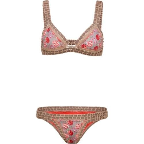 Women Printed Crochet Bikini Set Sexy Reversible Swimsuit